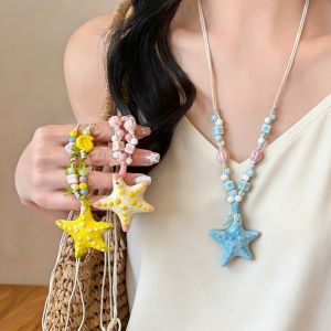 FLYING Adjustable Pendant Necklaces Starfish Beaded Seaside Vacation Women Pendant Rope Necklace Summer Ceramic Long Chain Necklace Bohemian Accessories