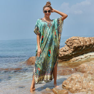 Beach Cover-ups Feather Printing Plus Size Kaftans Beach Tunic Women Swimsuit Maxi Dress