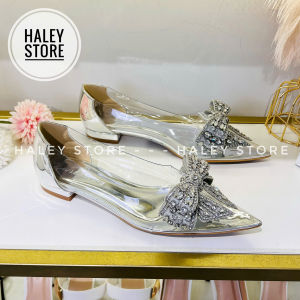 (LÙI 1 SIZE- ĐỌC MÔ TẢ) Giày ball nơ đá xám HALEY STORE cao gót 7cm bít mũi nhọn mika trong suốt đính nơ đá cô dâu tiểu thư công chúa đi tiệc