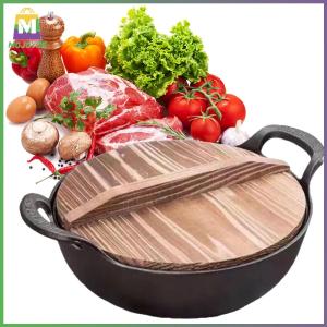 Uncoated Skillet with Lid & Dual Handle Flat Bottom Stir Fry Pan Multi-Function Heavy Dutch Soup Pot Home Kitchen Accessory