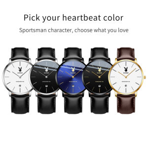 Imported original PLAYBOY mens watch genuine leather straptwo-hand calendar quartz casual watch