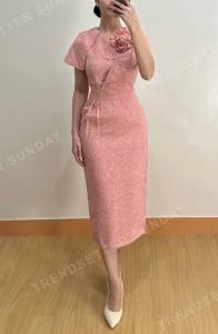 Feminine Pink Midi Dress – Elegant Floral Detail Dress Wedding Guest Graduation Church Outfit