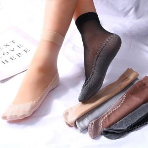 5Pairs Splice Cotton Short Socks Lace Transparent Sock Breathable Non-Slip Elastic for Woman Summer