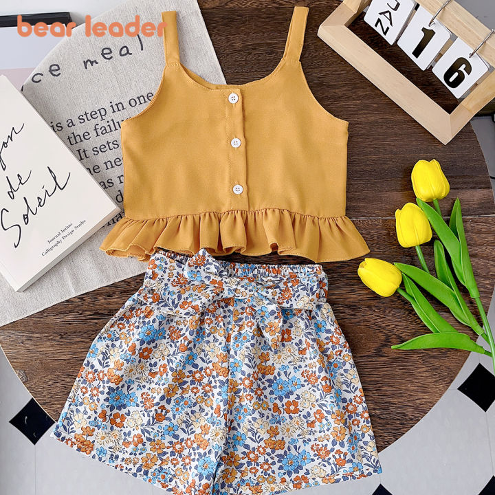Bear Leader Baby Girl's Casual Clothing Sets 2023 New Summer Flower Print  Strap Top+skirt/shorts Pieces Suits for Kids Clothes Fashion Costumes 
