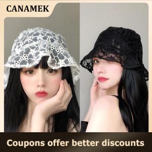 【 CANAMEK 】 Sweet Cute Lace Hat Hollow Flower Bucket Hat Fashion Women Fisherman Hat Breathable Sunshade Sunscreen Hat