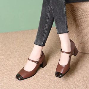 Free Shipping New Retro Metal Toe Square-Toe Shallow High-Heeled Shoes For Women With A Single-Strap Design And Chunky Heels Versatile And Easy To Match