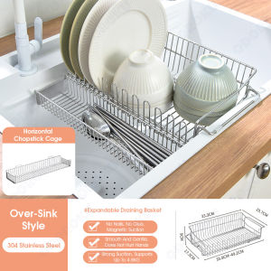 ODOROKU 304 Stainless Steel Extendable Over the Sink Dish Rack With Chopstick Tray Drying Organizer Dish Drying Rack Draining Basket Adjustable Expandable Large Capacity Storage For Fruits Vegetables Bowls Plates Utensils Cutlery Kitchen Storage