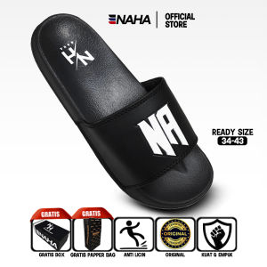 NAHA Sandal Pria Wanita Slip on Slide Distro Karet Logo Hitam Size 34 - 43