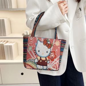 DINAH น่ารัก กระเป๋าถือสไตล์ชาติพันธุ์ ค.ท. แมวคิตตี้ กระเป๋าโท้ตปักลาย ทันสมัย รูปสัตว์ กระเป๋าผ้า ผู้หญิง