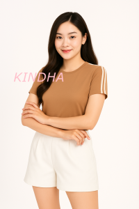 Baju Atasan Wanita Crop Top Garis Dua Sporty Lengan Pendek Bahan Katun Combed