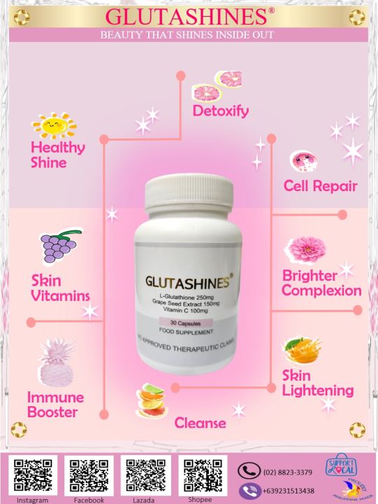 GLUTASHINES (LGlutathione, Grape Seed Extract, Vitamin C) Dietary Supplement Capsule 30’s