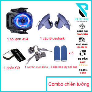 Combo:1 Quạt sò lạnh X94 +1 Cặp nút bấm chơi game BlueShark+1 hộp phấn chơi game G9+1 combo móc khóa + 5 cặp bao tay