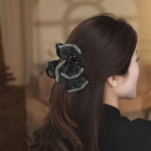 NEEUJ สง่างามเรียบหรู คลิปฉลามโบว์ดำ ลูกปัดเม็ดกลม ผ้าผ้าทอ กิ๊บติดผมสตรีปักเลื่อม อุปกรณ์เสริมผม โพลีเอสเตอร์ กรงเล็บผม rhinestone เงา สำหรับผู้หญิง