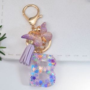 SKYJS Initials Alphabet A To Z 26 Alphabet Keyring A To Z 26 Butterfly Purple Snowflakes Letter Keychain Letter Keyring Sequin Filled Home Decoration