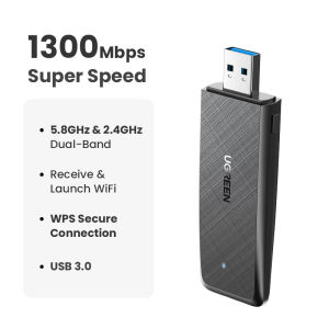 UGREEN Wireless Wifi Adapter WiFi Receiver WiFi Dongle 1300Mbps 5Ghz&2.4GHz Dual Band USB Wifi for Windows MacOS Linux System Laptop Desktop USB Ethernet Adapter Network Card Wifi Dongle