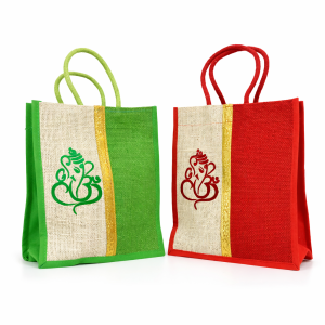 Eco-Friendly Traditional Jute Lunch Bag with Ganesha Durga & Kamadhenu Prints | Reusable Tote for Gifting Grocery & Daily Use – 1 Pc (Available in 9x8 & 10x10 Inches)