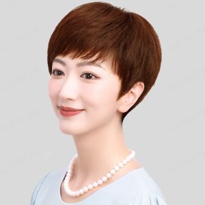 Middle-aged women fluffy short straight hair bangs full head synthetic wig