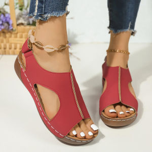 Free Shipping Summer New Plus-Size Sandals For Women Featuring Stitched Detailing Breathable Fabric Velcro Straps And A Hollowed-Out Design With A Wedge Heel