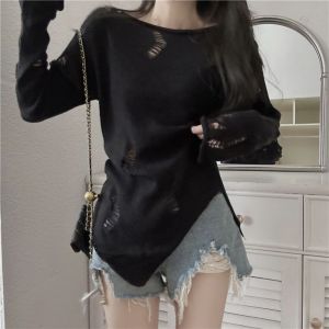 VBBN Broken Hole Long Sleeves T-shirt Knitted Ins Mesh Crop Tops Aesthetic Wasteland Style Y2K Hollow Pullovers Top Party