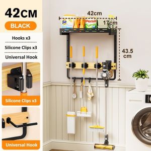 SJorage Mop Broom Holder Rack with Hook Wall Mounted Broom Organizer Grip Clips for Laundry Garage Utility Room