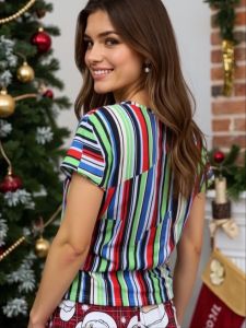 Festive Striped Round-Neck T-Shirt for Women