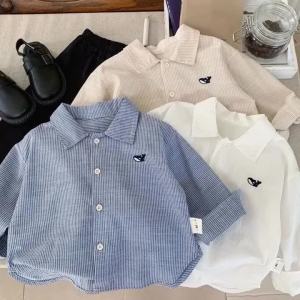 2-7Y Kids Shirts Small Fish Embroidery Stripe Boy Cardigan Cotton Turn-down Collar Childrens Clothing Long Sleeve Shirt Blouses2026