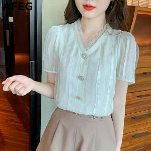 AFEG new Korean version V-neck fashion loose all-match chiffon stitching lace puff sleeve blouse for women