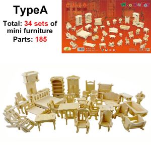 3D Wooden DIY Building Mini Furniture Puzzle Kayu Rumah Boneka 34 Set
