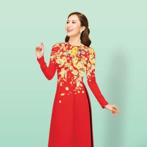 [HCM]Áo dài truyền thống in hoa vàng cao cấp - KHÔNG KÈM QUẦN