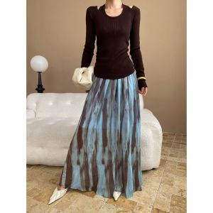 2026 Summer New Chinese Style Ink Gradient Print Elegant Drape High Waist Loose Long Half Skirt