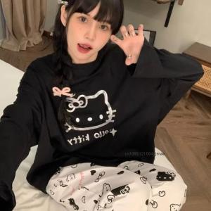 2Pcs Spring Hello Kitty Womens Pajamas Cotton Long Sleeves Pants Kawaii Anime Sanrio Casual Loose Cartoon Loungewear Pajamas