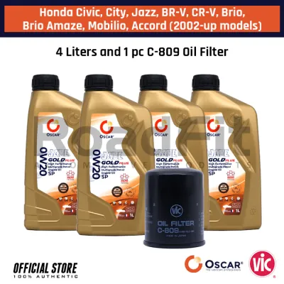 Honda Civic City Jazz BR-V CR-V Brio / Amaze Mobilio Accord 2002-up Change Oil Package OSCAR Jade Gold Plus 0W20 Fully Synthetic Oil (4Liters) 03958 + VIC Oil Filter C-809 PACK3-HO