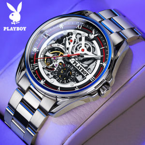 PLAYBOY elegant luxury automatic machine steel strap watch for men brand original waterproof multifunctional hollow special design dial