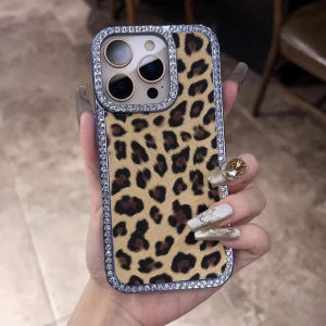 Luxury Leopard Print Fur Pattern Case For iPhone 16 15 14 13 12 11 Pro Max Glitter Diamond Shockproof Bumper Protection Cover