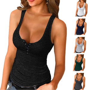Stretchy Button Detail Sleeveless Knit Top For Women Summer Casual Outfit Essential Round Neck Slim Fit Tank Tops