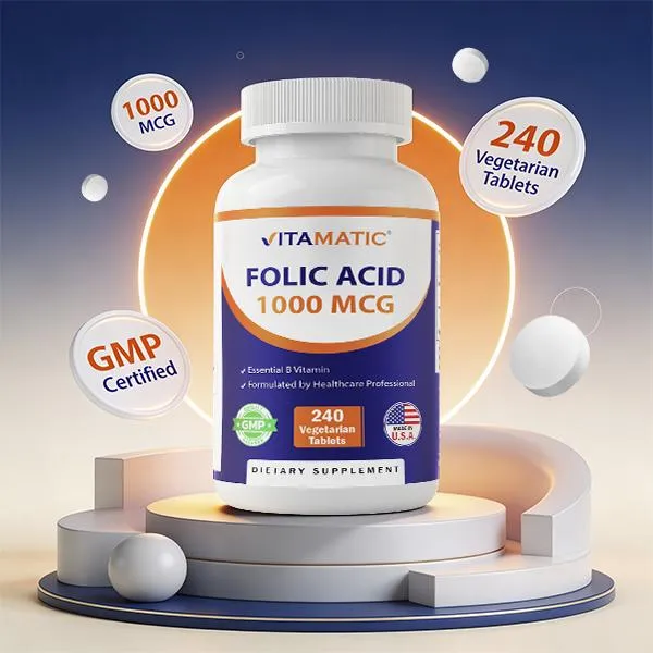 Vitamatic Folic Acid 1000 mcg (1 mg) - 240 Vegetarian Tablets - 1667 ...