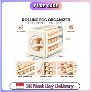 【Pure Care】 Three-Tier Egg Organizer | Magnetic Door and Pull-Out Rolling Trays