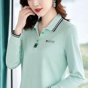 100KG Cô Gái Béo Có Thể Mặc Thời Trang Xuân Thu Áo Polo Dài Tay Thể Thao Thường Ngày Màu Xanh Lá Nhạt Cho Nữ Áo Cánh Có Ve Áo Ngoại Cỡ Dáng Rộng Áo Sơ Mi Nữ Áo Thun Có Cổ Áo Polo