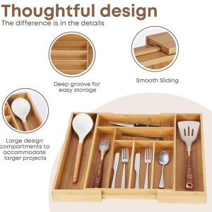 【OPTIMUM】Expandable cutlery organizer Bamboo drawer storage rack Kitchen storage box expandable silverware storage rack for kitchen cutlery rack and cutlery tray Adjustable format Western utensils