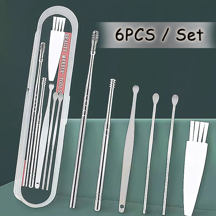 Ear Cleansing Tool Kit Spring Ear-Wax  Picks Curette with Storage Box and Cleaning Brush for Adults and Kids ( 6 in1Set)