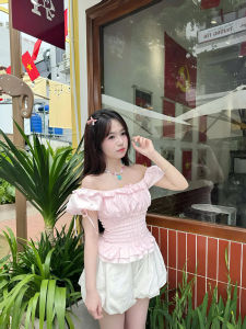 Set 2 Món Màu Hồng BaBy Gồm Áo Trễ Vai Bèo Tay Bồng Đính Nơ Nhún Eo + Chân Váy Bí Phồng Có Quần Trong Chất Liệu Thô Hàn