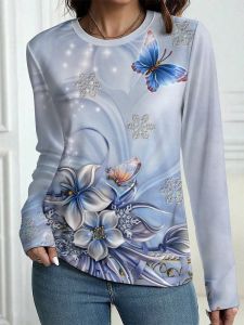 [Local Stock] ZEEMIN Butterfly Floral 3D Print Long Sleeve T-Shirt Fashion Womens Casual T-shirts Oversized Top Y2K Tees Streetwear Female Clothing