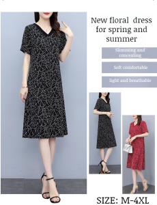 กระโปรงยาวปานกลาง วัสดุเย็น ชุดเดรสไซส์ใหญ่ผู้หญิง มีเอกลักษณ์ ไม่มีการซีดจาง ปกปิดเนื้อแลดูเรียวขึ้น