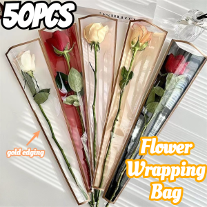 50Pcs Flower Packaging Bag Transparent Waterproof High Quality Rose Single Flower Packaging with Gold Edging