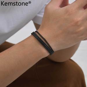Kemstone Mens Black Stainless Steel Double Layer Chain Bracelet for Fashion Streetwear Style