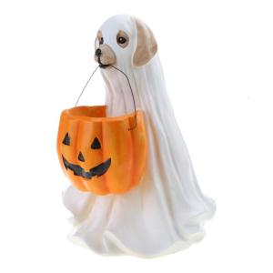 Halloween Ghost Dog for Cat Statue with Pumpkin Candy Bowl Resin Trick Treat Dec