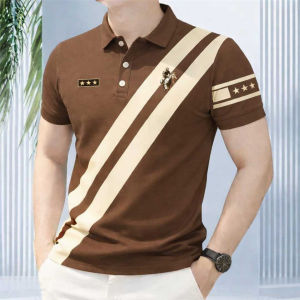 Mens Blue and White Striped Polo Shirts with Rider Star Badges Printing Short Sleeves Business Office Polo for Men Formal