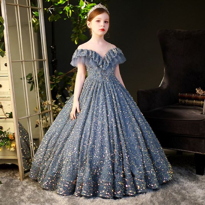 Girls Princess Ball Gown Party Dress Birthday Dress with Long Sleeves-suu.vn