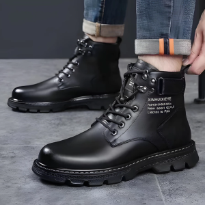 Trendy Korean Mens Martin Boots High Cut Waterproof Black Leather Street Style Motorcycle Shoes