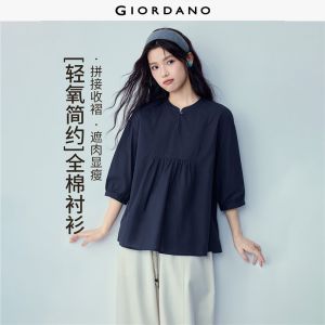 GIORDANO Women Blouses 100% Cotton Mandarin Collar Blouses Gathered Panel 1/2 Sleeve Fashionable Casual Blouses 13346315